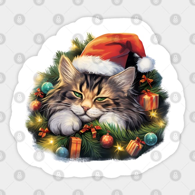 Lazy Norwegian Forest Cat At Christmas Sticker by Chromatic Fusion Studio